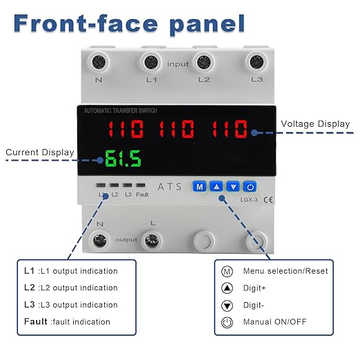4P Automatic Transfer Switch with LCD Display 63A Triple Power ATS with 4 Digital Displays for Input &amp Output Real-Time Volrage Monitoring Automatic Changeover for Utility/Generator/Solar