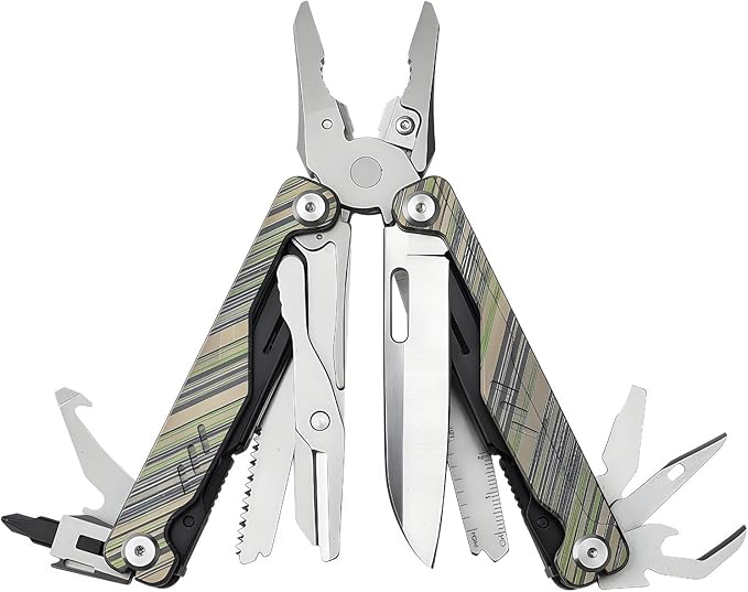 Multitool 20-in-1 Full-Size Lightweight EDC Multi-Purpose Pliers Camping Knives &amp Tools Tactical Outdoor Gear Mens Gifts Ideas Gifts for Hunters Men who have Everything (Green Camouflage)