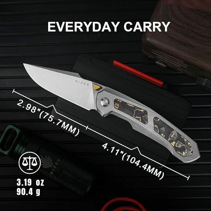 Kizer Feweed Pocket Knife 2.98 Z-Wear PM Clip Point Blade Folding Knife with Titanium Handle with CamoCarbon Gold Front Flipper &amp Thumb Stud Opener EDC Knives for Camping Hiking KI3694A4