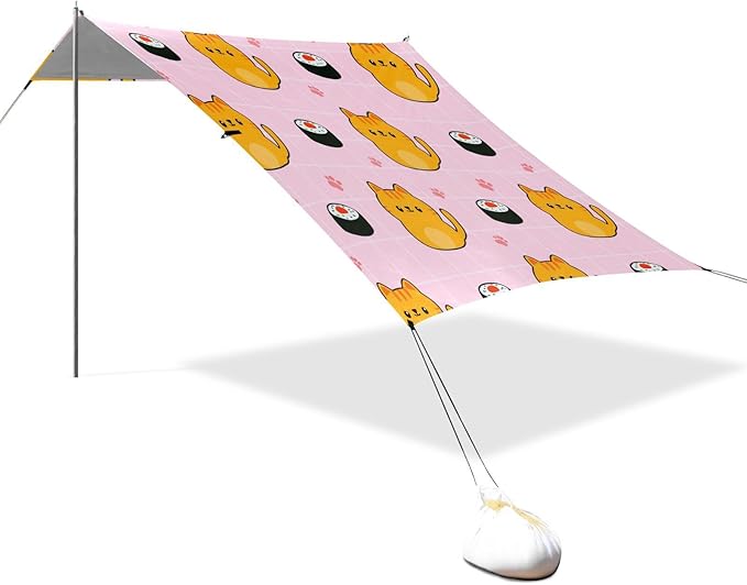 xigua Cat and Sushi Beach Tent Sun Shelter with Carrying Bag - Silver Coated Oxford Fabric Beach Canopy for Beach Camping Fishing - Includes Windproof Ropes Sandbags &amp Stakes