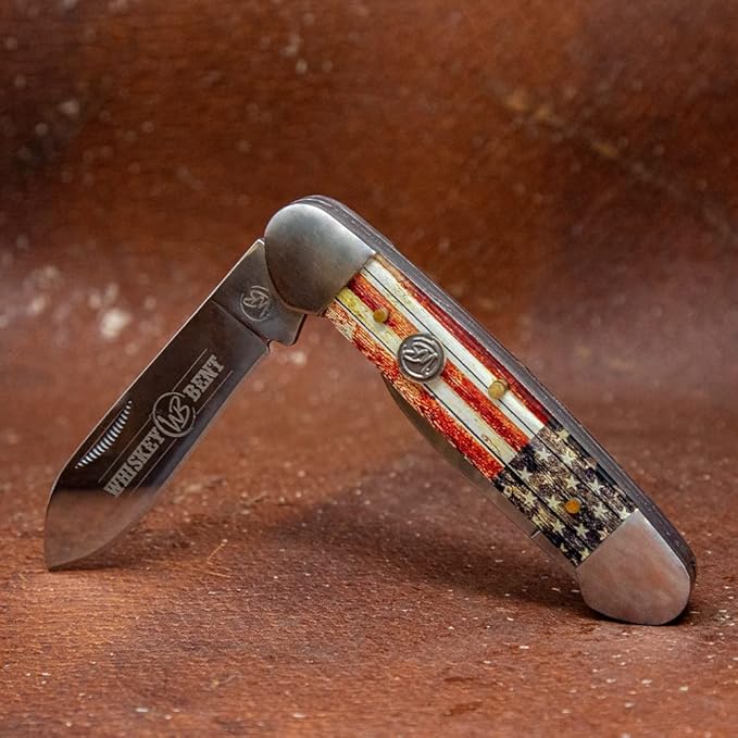 WHISKEY BENT HAT CO. Traditional Canoe Folding Camping Knife 3.63 Closed Length 440C Stainless Steel Blades (Patriot)