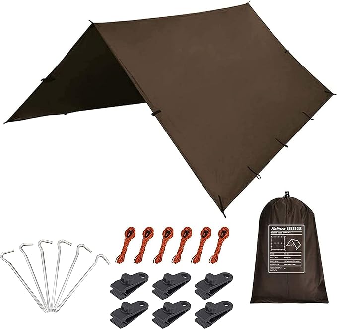 KALINCO Camping Tarp Waterproof 10X12FT Hammock Rain Fly Tarp Tent Multifunctional Tent Footprint Lightweight and Compact for Backpacking Hiking (Coffee-10X12FT)