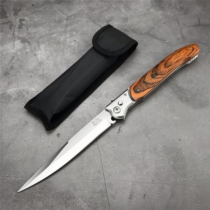 12'' Tactical Folding Knife 420 Stainless Steel Blade Red-colored Wood Handles with Slide Safety Lock Outdoor Camping EDC Tools