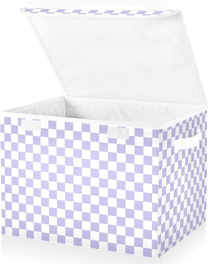 Light Purple Checkerboard Storage Baskets Lidded Bin Foldable Storage Boxes Cubes Lids with 2 Handles for Organizing Closet Home Office