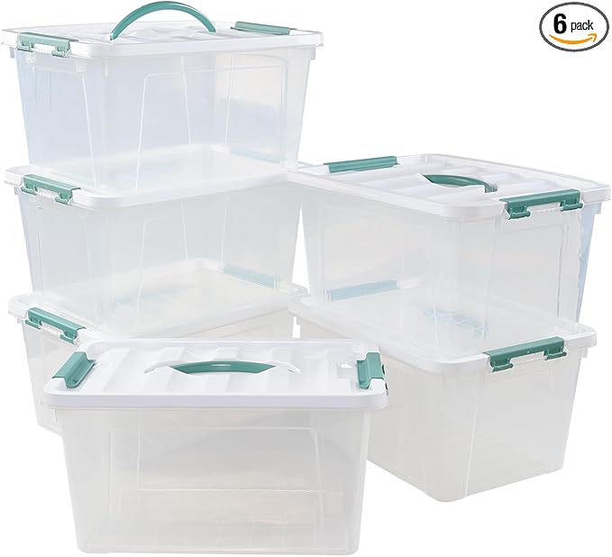 14 Quart Clear Latching Box with Lid &amp handle Plastic Storage Tote Set of 6