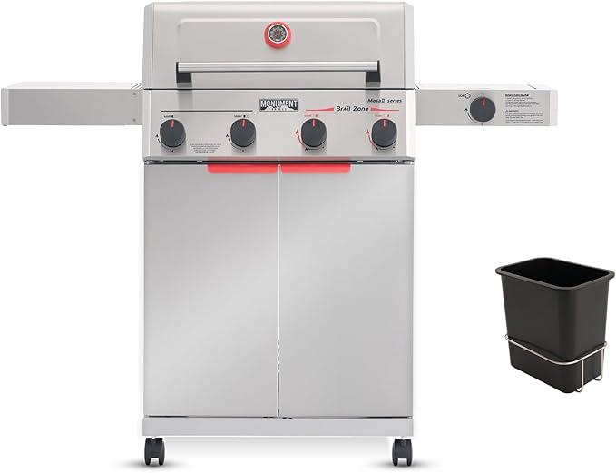 Monument Grills 4+1 Burner Stainless Steel 525 sq.in Propane Gas Grill 49000 BTU Outdoor Mesa 2 Grill with Broil Zone Side Burner Foldable Side Shelf Assembles in 30 Mins with Trash Can &amp R