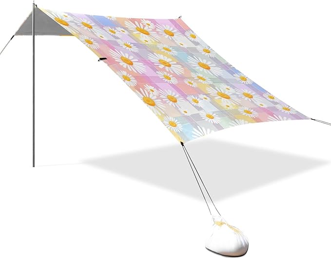 Beach Canopy with Windproof Ropes &amp Sandbags Beach Tent Sun Shade Sun Shelter for Camping Trips Fishing Backyard Fun or Picnics Daisy