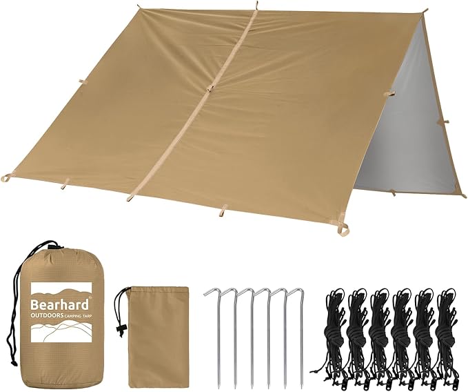 Bearhard Waterproof Camping Tarp Lightweight Hammock Rain Fly UV Protection and PU 3000mm Waterproof Backpacking Tarp Tent Footprint or Shelter Kit for Hiking and Outdoor Adventure
