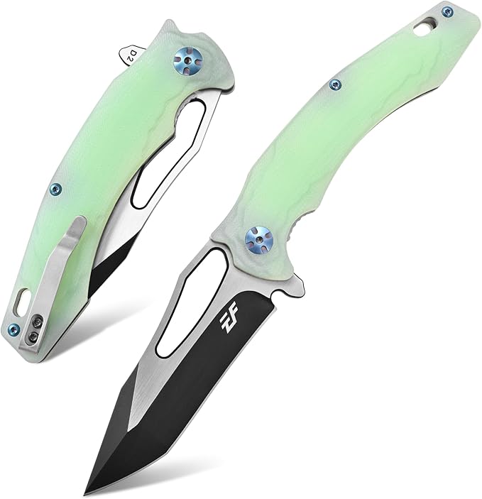 Eafengrow EF915 Folding Knife D2 Steel Blade with Black-Oxide Coating G10 Handle with Ball Bearing Safe Open Flipper KnifeLocking Liner and Pocketclip for Camping Work (Jade)