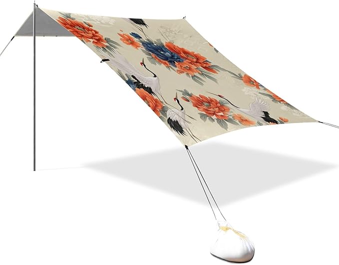 Elegant Floral Cranes Beach Tent Sun Shelter Set UPF50+ UV Protection 10.5 x 9.19 FT Camping Shade Canopy with Sandbags Sand Anchors Carrying Bag and Others