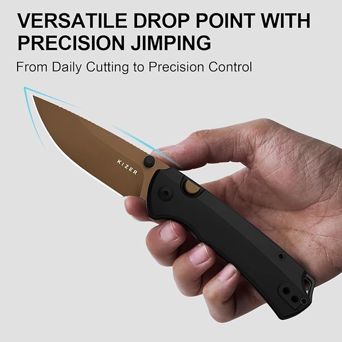Kizer T1 BD EDC Pocket Knife 3.2Elmax Steel Drop Point Folding Knives with Titanium Handle Sunset Gold PVD&ampStonewashed Finish Thumb Stud Opener Button Liner Lock for Camping Hiking Ki3490.2B