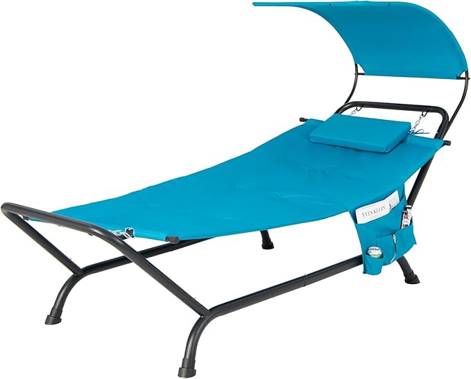 Giantex Hanging Hammock with Stand Patio Hanging Chaise Lounge Chair w/Canopy Cushion Pillow &amp Storage Bag Heavy Duty Swing Hammock Bed for Garden Lawn Backyard Patio Poolside Porch (Blue)