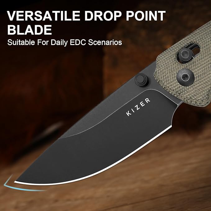 Kizer T1 CD EDC Pocket Knife 3.2 Nitro-V Steel Drop Point Folding Knives with Micarta Handle Sided Thumb Studs Opener Clutch Lock for Camping Hiking Fishing V3490.2CA1