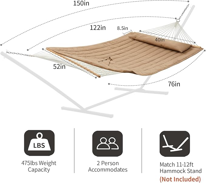 CHULIM Outdoor Double Hammock with Hardwood Spreader Bars Large Rope Hammock with Polyester Pad and Pillow 475 LBS Capacity for 2 Person Patio Backyard Poolside - Tan