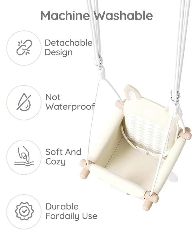Wooden Hanging Baby Swing with Soft Safety Belt Cozy Infant Swing Seat for Indoor &amp Outdoor Use Adjustable Height Includes Mounting Hardware – Suitable for Babies &amp Toddlers(Fox-Themed in B
