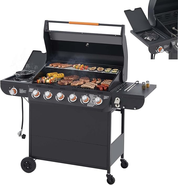6-Burner Propane Gas BBQ Grill with Side Burner 72000 BTU Stainless Steel Barbecue Grill with Cast Iron Grates and Side Table for Outdoor Cooking Kitchen Patio