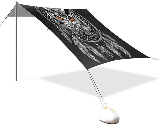ALAZA Owl Portrait Dreamcatcher Beach Tent Sun Shelter UPF50+ Protection Beach Shade Canopy w/ 4 Sandbags for Outdoor Camping Fishing Backyard Fun Picnic 10x9 ft