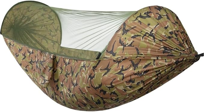 Wild Campingportable Hammock Standmade of Nylon Quick Opening 2-in-1 Automatic Mosquito Hammock User-friendly Storage Bag Design Suitable for Camping Beach and Other Scenes(Camouflage)