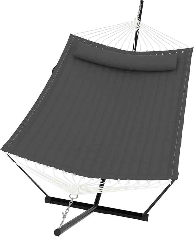 2 Person Double Hammock with Stand &amp Pillow 450 LBS Heavy Duty Outdoor Hammock with Balance Rope for Patio Backyard Poolside