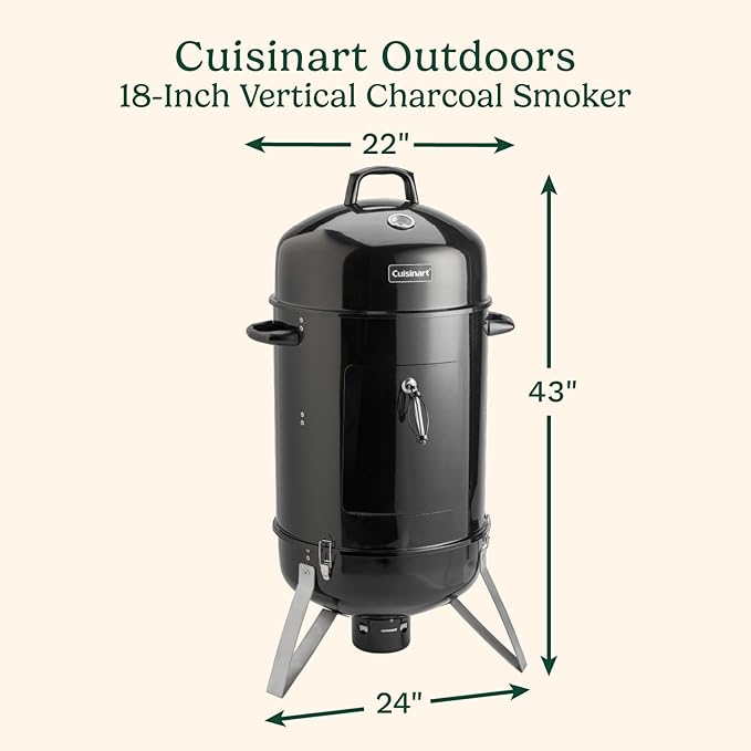 Cuisinart 18” Vertical Charcoal Smoker Integrated Thermometer Water Bowl and Dual Vents Perfect for Smoked Brisket Chrome Plated Grates Smoker Grill for BBQ Camping Tailgates