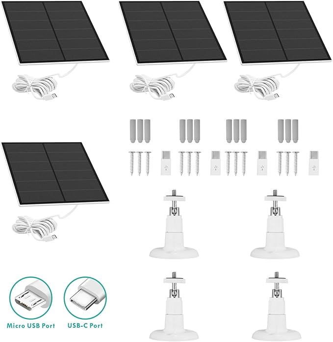 4 Pack Solar Panel Camera Charger Fit for Arlo Essential Spotlight/XL Spotlight/Essential 2k 2nd 3rd gen 2 3 CameraArlo PRO 6Ring Spotlight Cam Plus/Spotlight Pro 5V 7W Solar Panel Charging Cable