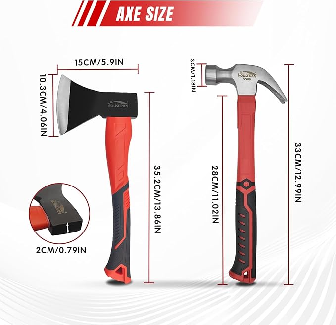 Wood Axe &amp 24 oz Claw Hammer Set 2-Piece Heavy Duty Tools Kit for Camping Wood Splitting Demolition &amp DIY Forged Steel Construction with Shock-Absorbing Handles