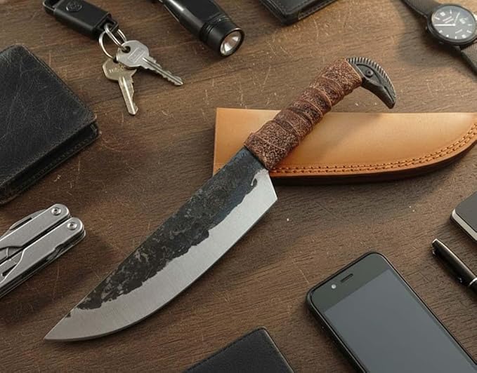 Hand Forged 6.5 Odin's Raven Norse Viking Knife Carbon Steel Blade Raven's Head Hilt Leather Sheath Medieval Seax Style for Hunting and Camping (Brown)