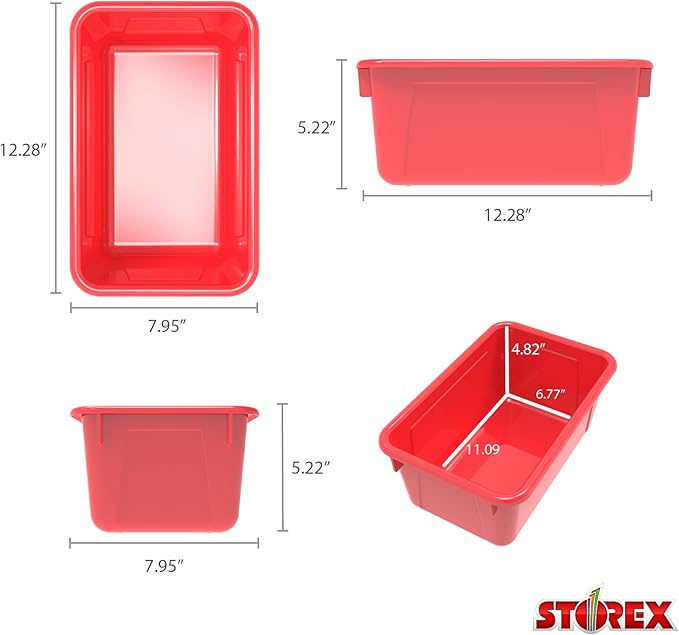 Storex Small Cubby Bins – Plastic Storage Containers for Classroom with Non-Snap Lid 12.2 x 7.8 x 5.1 inches Red 5-Pack (62407A05C)