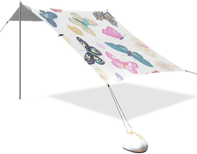 xigua Butterflies Beach Tent Sun Shelter with Carrying Bag - Silver Coated Oxford Fabric Beach Canopy for Beach Camping Fishing - Includes Windproof Ropes Sandbags &amp Stakes