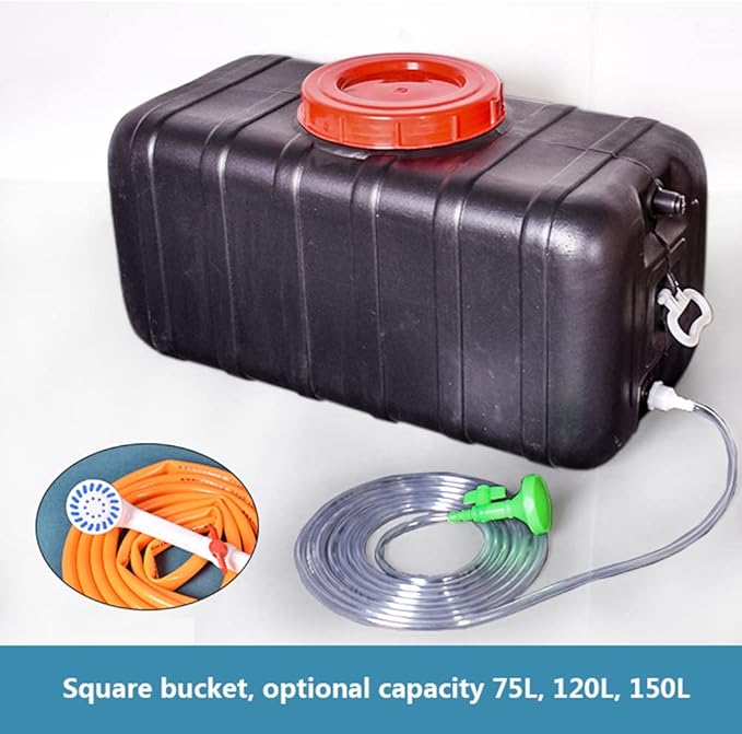 Haueeschoen Portable outdoor shower storage bucket with lid and handle Black plastic large water storage container Solar shower bucket with faucet and nozzle hose