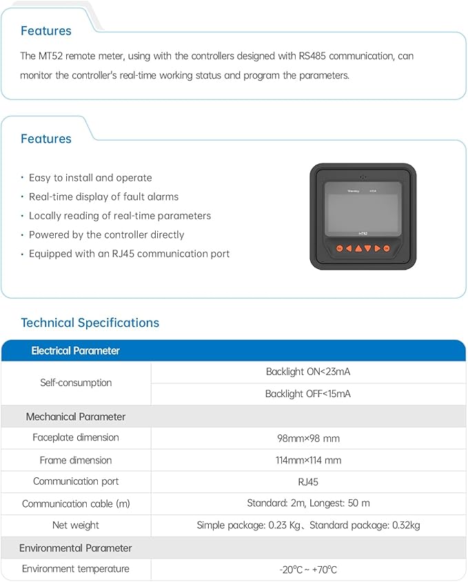 EPEVER MPPT Solar Charge Controller 30A 12V 24V Auto Tracer3210AN + Remote Meter MT52 + RTS Solar Panel Regulator Common Negative Ground for Lead-Acid LiFePO4 Lithium Battery (30A + MT52+RTS)