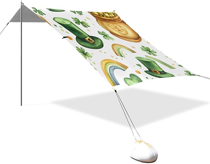 xigua St. Patrick's Day Beach Tent Sun Shelter with Carrying Bag - Silver Coated Oxford Fabric Beach Canopy for Beach Camping Fishing - Includes Windproof Ropes Sandbags &amp Stakes