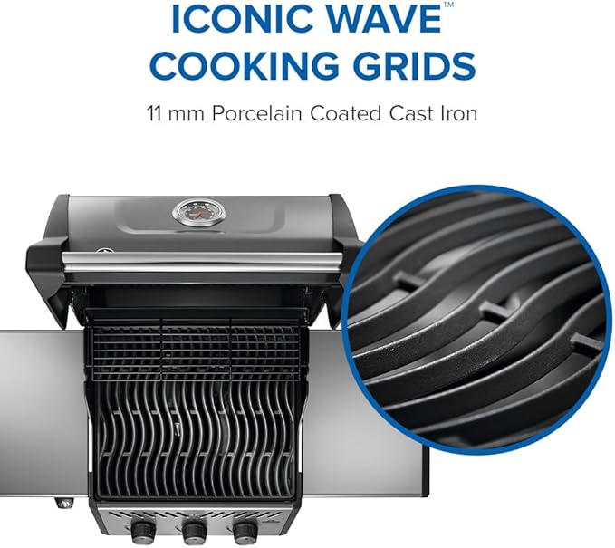Napoleon Freestyle 365 Propane Gas Outdoor Grill Graphite Grey – 3-Burner BBQ with Porcelain Coated Cast Iron Iconic WAVE™ Cooking Grids
