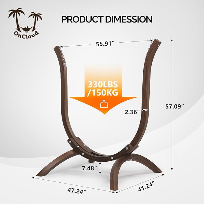 ONCLOUD Hammock Chair with Wooden Stand Curved Hanging Chair Set with Throw Pillow Portable Wooden Hammock Chair for Outdoors 330LBS (Carbonized)