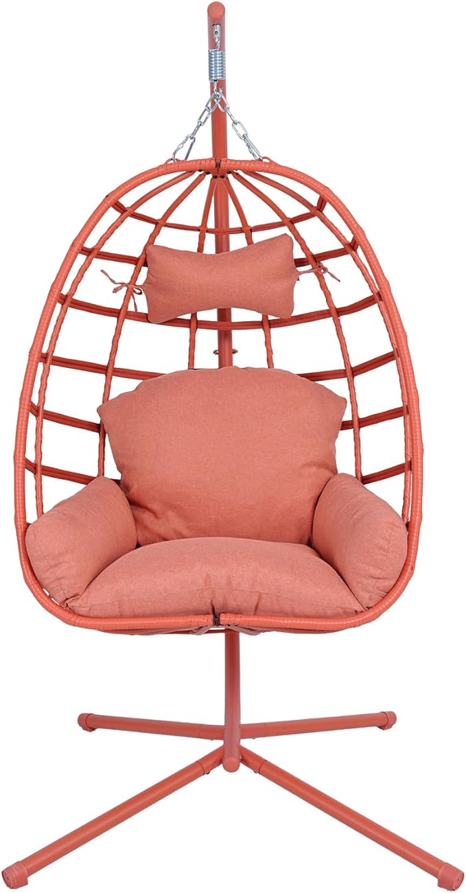 Hanging Egg Chair with Stand Outdoor Indoor Patio Rattan Swing Hammock Chairs with Washable Cushion 350lbs Capacity PE Wicker Swing Chair for Backyard Bedroom Garden (Orange + Orange Cushion)