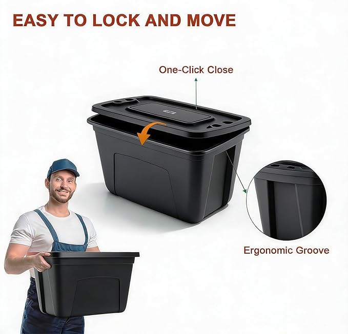 Storage Bins with Lids - Made in USA 18-Gallon (72-Quart) 4PC Black Storage Totes with Lids Heavy Duty Plastic Stackable Containers Large Storage Boxes for Home and Office Organization