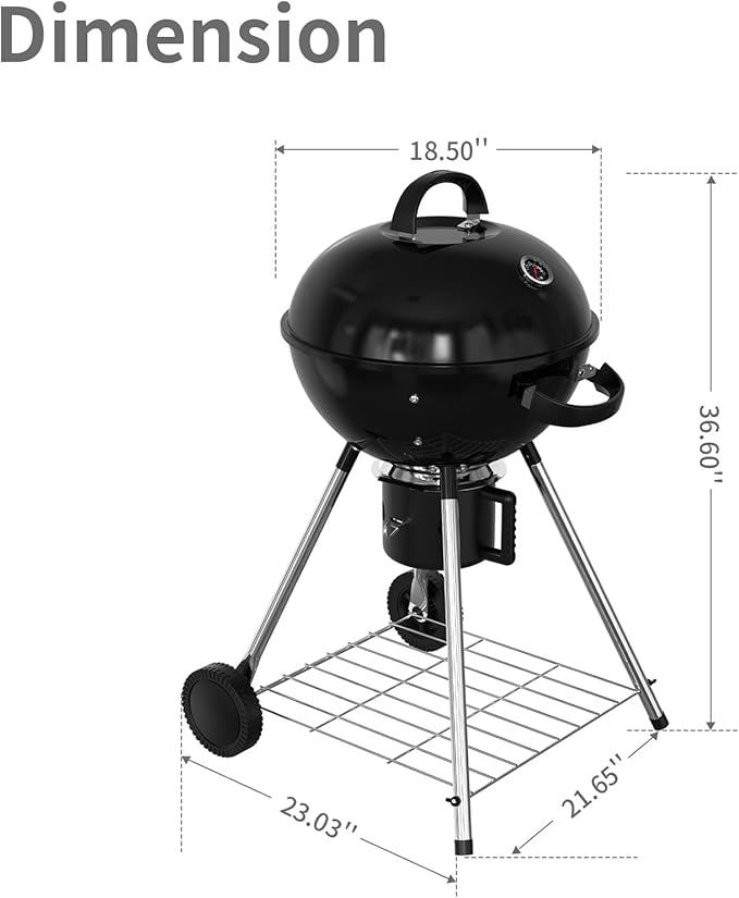 18.5-Inch Portable Charcoal Grill Heavy Duty Kettle BBQ Smoker with Built-in Thermometer &amp Removable Water-Rinsable Ash Catcher for Outdoor Camping Patio Backyard and Tailgating