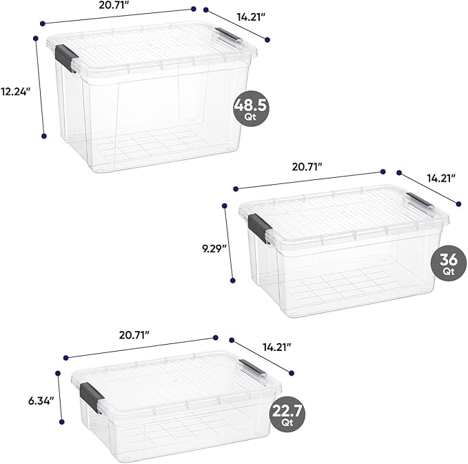 Superio Clear Storage Boxes with Lid 3 Pack Plastic Container Bins for Organizing Stackable Crates BPA Free Non Toxic Odor Free Organizers for Home Office School and Dorm (22.7 36 and 49 Qt)