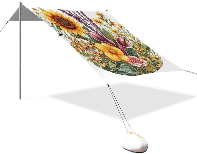 Spring Flowers Sunflower Calla Lily Rose White Stable Beach Tent UPF50 Water-Resistant Large Portable Sun Shelter with Sand Shovel for Camping Picnics Backyard &amp Fishing