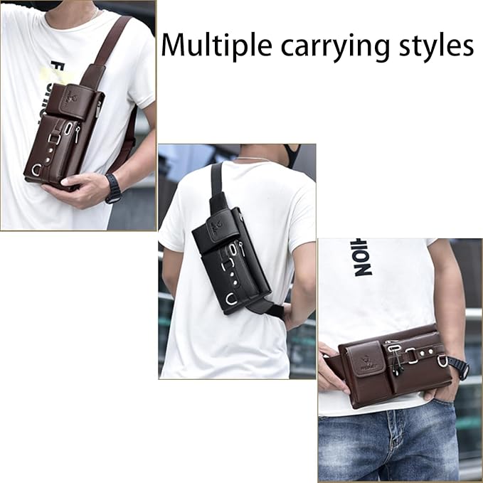 Mens Crossbody Bag Brown Leather Lightweight Anti-Theft Slim Chest Sling Pack with Adjustable Strap for Travel Gym Running Hiking Everyday Carry Essentials