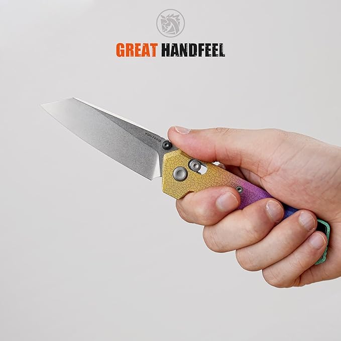 Vosteed Parallel EDC Pocket Knife - 2.90 S35VN Stonewash Blade Reverse Tanto - Crossbar Lock Iridescent Crackle Titanium Handle - Camping Hiking Knives - A3508