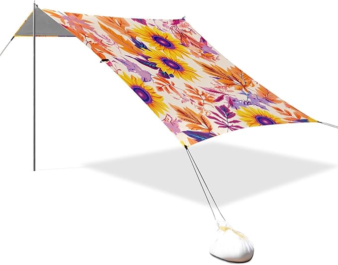 Beach Canopy with Windproof Ropes &amp Sandbags Beach Tent Sun Shade Sun Shelter for Camping Trips Fishing Backyard Fun or Picnics Flowers