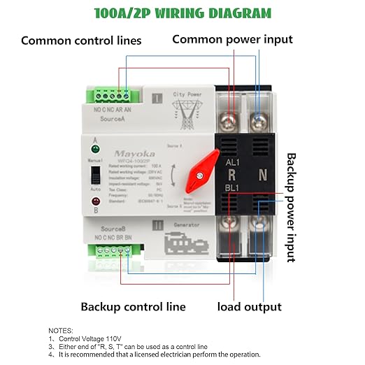 100A Automatic Transfer Switch for Home Generator - AC 220V 2 Pole ATS with CB Dual Power Changeover Transfer Switch with Metal Inlet Box for Indoor (100A-2P)