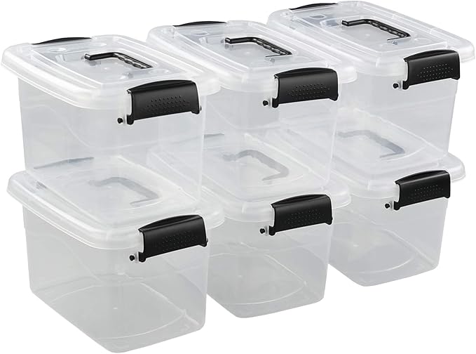 5 Quart Clear Storage Bin Latching Box Container with Black Handle 6 Packs