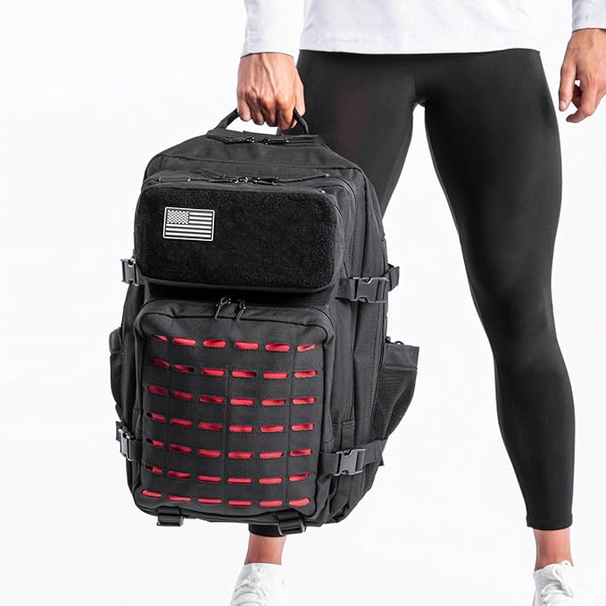 50L Tactical Military Backpack Waterproof Sturdy Bag for Hiking Camping Fishing Gym Backpack with Bottle Holder (Red Black)
