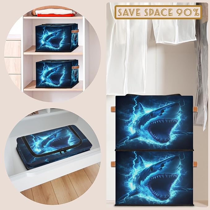 Shark Storage Box with Lid Sea Animals Collapsible Storage Bins Baskets Cubes Closet Shelf Clothes Organizer Containers with PU Leather Handles