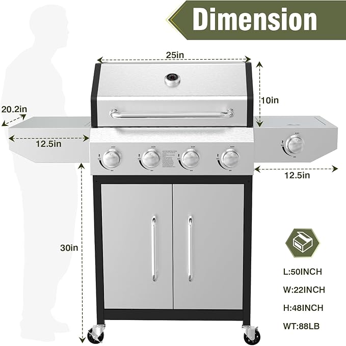 BESTFIRE 60000 BTU 4+1 Burner Propane Gas Grill - 647 sq. inches Stainless Steel Outdoor BBQ with Porcelain-Enameled Cast Iron Grates Side Burner &amp Storage Cabinet for Patio and Backyard Cooking