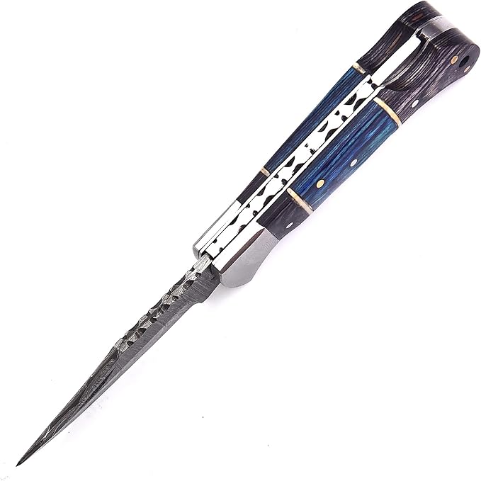Pocket Knife 2.92 Drop Point Damascus Steel Blade Folding Knife with Blue &amp Black Wood Handle Back Lock EDC Knives with for Men Women GK-751 (Black &amp Blue)