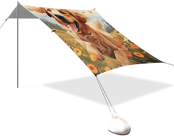 ALAZA Happy Golden Retriever in Flower Field Beach Tent Sun Shelter Portable Canopy Sunshade for Outdoor Camping Picnics Backyard Fun 10x9 ft