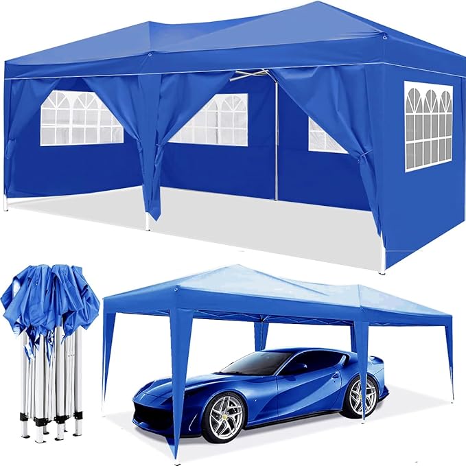 KEIKI 10'x20' Folding Canopy with 6 Removable Sidewalls Outdoor Event Shelter Gazebo Portable Tents for Parties Carport Camping Garden Patio Blue